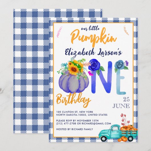 Schattig kleine pompoen verjaardag blauwe truck th kaart (Voorkant / Achterkant)