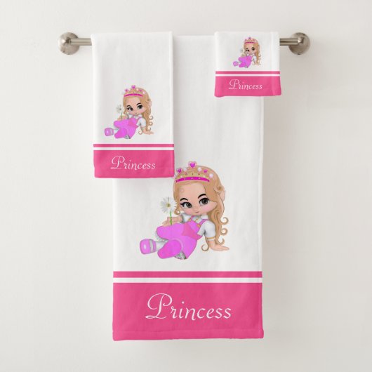 Schattig Kleine Prinses & Naamtekst op Roze & Wit Bad Handdoek (Insitu)