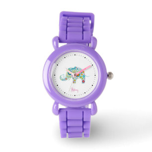 Schattig kleurrijk florale olifant monogram horloge
