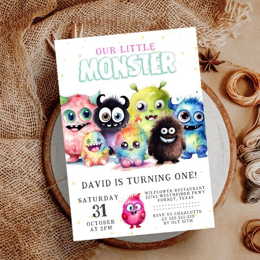 Schattig Kleurrijk Onze Kleine Monster 1e Verjaard Kaart