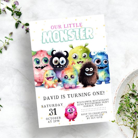 Schattig Kleurrijk Onze Kleine Monster 1e Verjaard Kaart