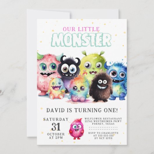 Schattig Kleurrijk Onze Kleine Monster 1e Verjaard Kaart (Voorkant)