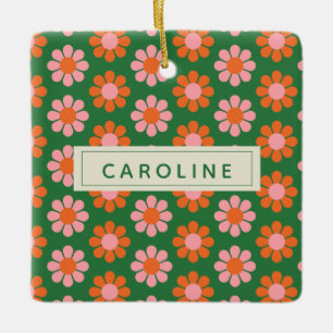 Schattig Kleurrijk Retro Bloemmotief Groen Roze Na Keramisch Ornament