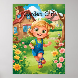 Schattig Kleurrijk Vrolijk Tuinmeisje AI Poster