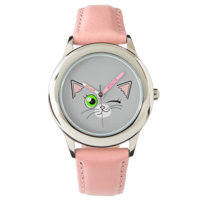 Schattig knipperen witte kat Cartoon Horloge (Voorkant)