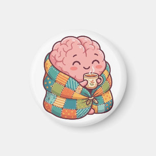 Schattig Knus Brein Drinkt Koffie Mentale Gezondhe Magneet