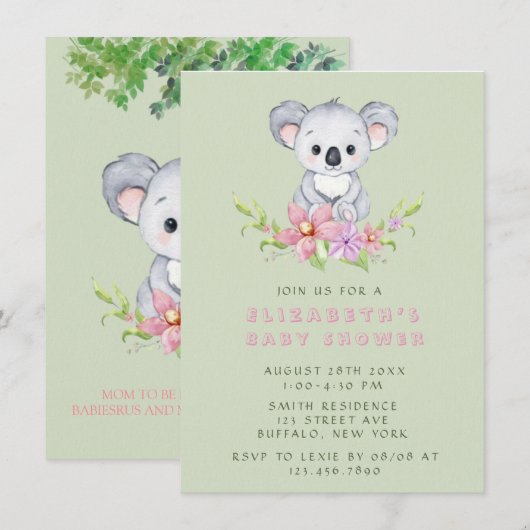 Schattig Koala Beer Girl Baby shower Kaart (Voorkant / Achterkant)