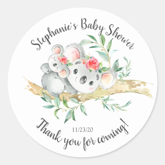 Schattig Koala Beer Meisjes Baby shower Favor Ronde Sticker (Voorkant)