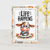 Schattig Koeleven Gebeurt Koffie Helpt Kaart (Gele Bloem)