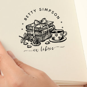 Schattig koffie- en boekenstempel met eigen ex lib zelfinktende stempel