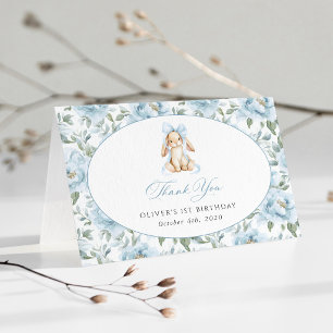 Schattig Konijn, Blauwe Strik, Blauwe Bloemen, Eer Bedankkaart