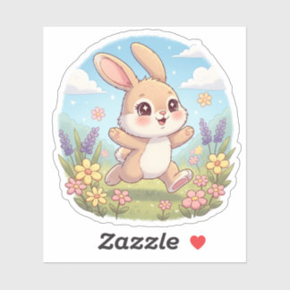 Schattig Konijn dat Springt in een Bloemenveld Sticker