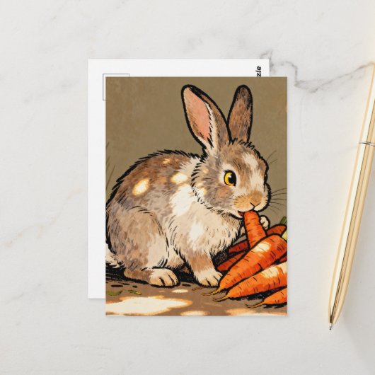 Schattig konijn eet wortelen briefkaart (Voorkant / Achterkant in situ)