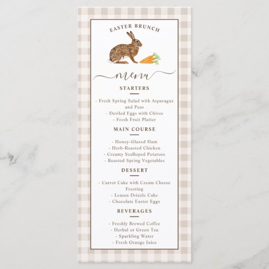 Schattig Konijn En Wortels Beige Gingham Paasbrunc Menu (Voorkant)