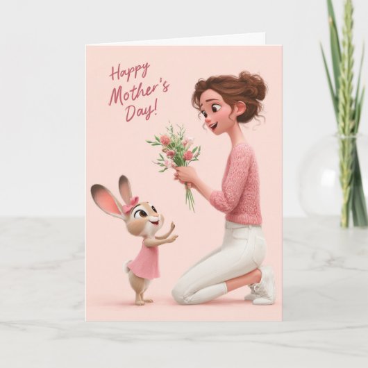 Schattig Konijn Geeft Bloemen voor Moederdag Kaart (Voorkant)