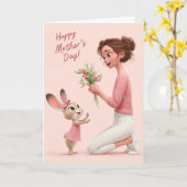 Schattig Konijn Geeft Bloemen voor Moederdag Kaart (Gele Bloem)