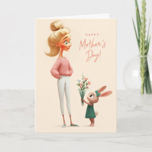 Schattig Konijn Geeft Moederdag Bloemen aan Moeder Kaart