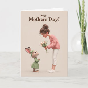 Schattig Konijn Geeft Moederdagbloemen aan Mama Kaart