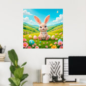 Schattig konijn in een kleurrijke lenteweide poster (Thuiskantoor)