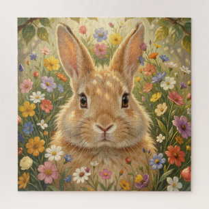 Schattig Konijn in Kleurrijke Bloemenweide Legpuzzel