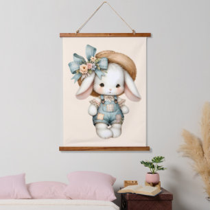 Schattig Konijn in Overall met Strohoed & Strik Hangend Wandkleed