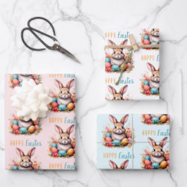 Schattig Konijn Kleurrijke Eieren Bloemen Gelukkig Inpakpapier Vel