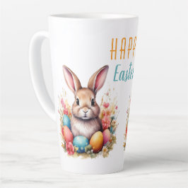 Schattig Konijn Kleurrijke Eieren Bloemen Gelukkig Latte Mok