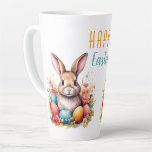 Schattig Konijn Kleurrijke Eieren Bloemen Gelukkig Latte Mok