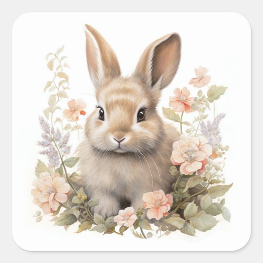 Schattig konijn met bloemen vierkante sticker (Voorkant)