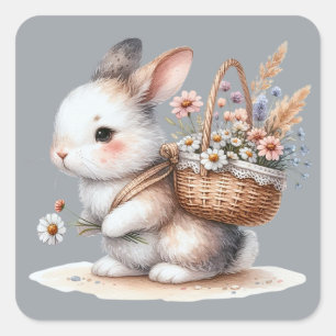 Schattig Konijn met Bloemen Watercolor Kunst Vierkante Sticker