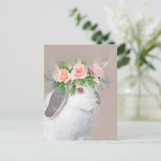 Schattig konijn met bloemkroon briefkaart (Staand voorkant)