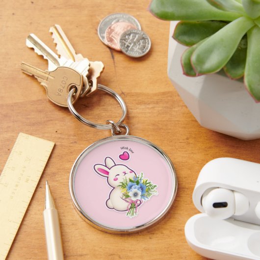 Schattig Konijn met Boeket – Sleutelhanger (Bureau)