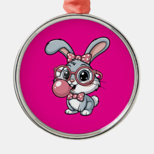 Schattig Konijn met Bril die Bubble Gum Blaast Metalen Ornament