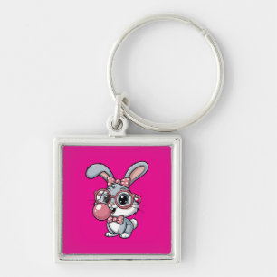 Schattig Konijn met Bril die Bubble Gum Blaast Sleutelhanger