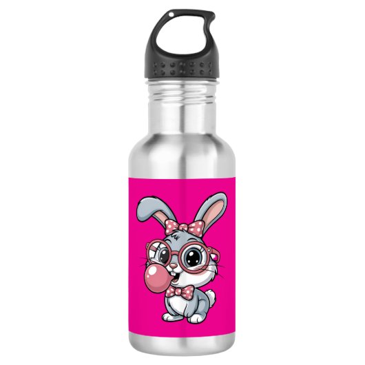 Schattig Konijn met Bril die Bubble Gum Blaast Waterfles (Voorkant)