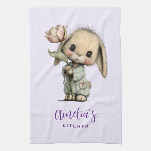 Schattig Konijn met een Tulp Theedoek (Verticaal)