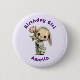 Schattig Konijn met een Tulp Verjaardagsmeisje  Ronde Button 5,7 Cm