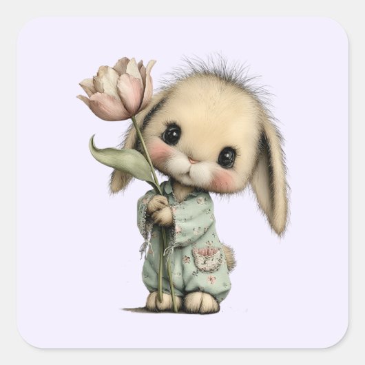 Schattig Konijn met een Tulp Vierkante Sticker (Voorkant)