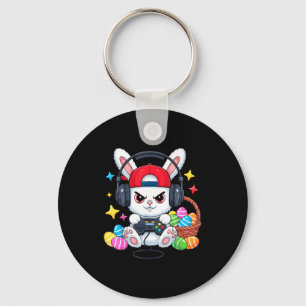 Schattig konijn met koptelefoon gamen paas sleutelhanger