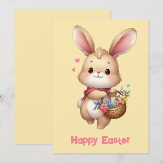 Schattig konijn met mand en gele sjaal feestdagenkaart (Voorkant / Achterkant)