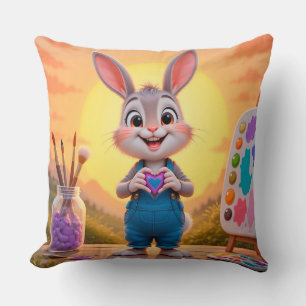 Schattig konijn met schilderbenodigdheden bij zons kussen