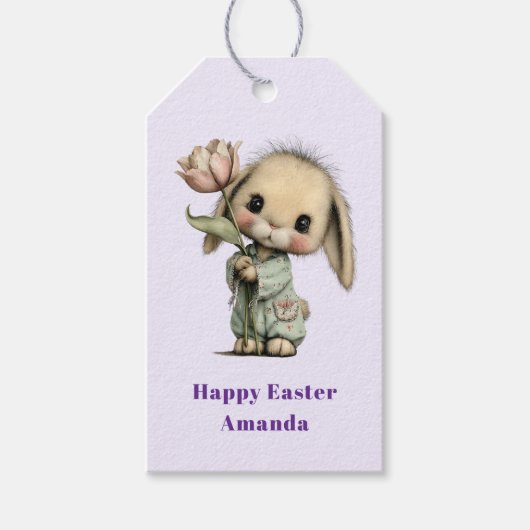 Schattig Konijn met Tulp Pasen Cadeaulabel (Voorkant)