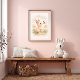 Schattig Konijn Met Vlinder Neutrale Kinderkamer Poster