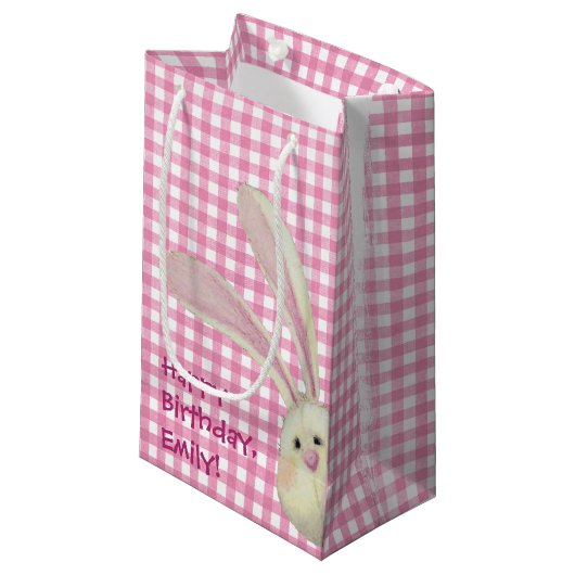 schattig konijn op roze gingham klein cadeauzakje (Voorkant Gekanteld)