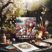 Schattig konijn paaspicknick brunch bos feestdagenkaart