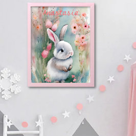 Schattig Konijn Pastel Waterverf Lente Bloemen Poster