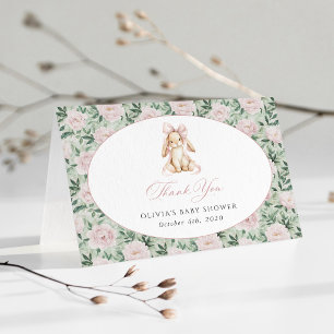 Schattig Konijn, Roze Strik, Roze Bloemen, Baby Sh Bedankkaart
