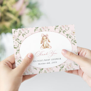 Schattig Konijn, Roze Strik, Roze Bloemen, Baby Sh Bedankkaart