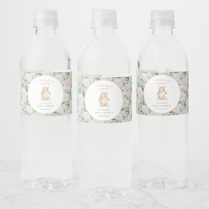 Schattig Konijn, Roze Strik, Roze Bloemen, Baby Sh Waterfles Etiket