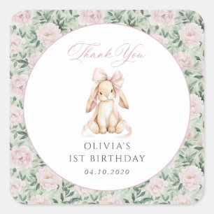 Schattig Konijn, Roze Strik, Roze Bloemen, Eerste Vierkante Sticker
